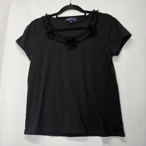 Jones New York Signature Black Ruffle Neck‎ Top Tee Shirt Womens Size L Romantic